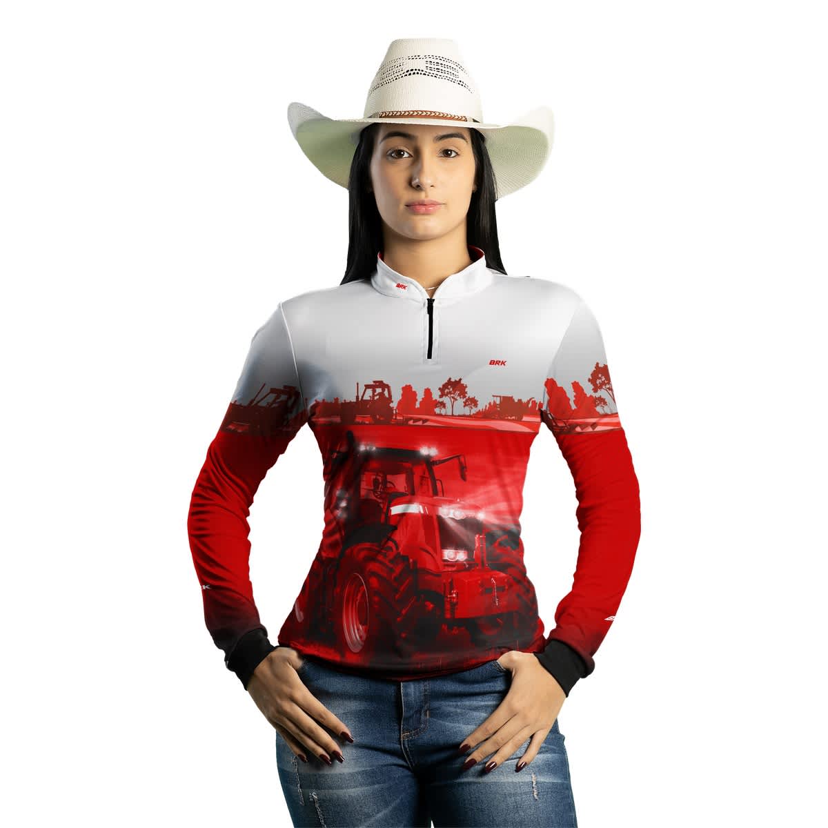Camisa Branca e Vermelho Brk Agro Massey Ferguson Maquinário com Proteção Solar UV50+ - Brk Agro