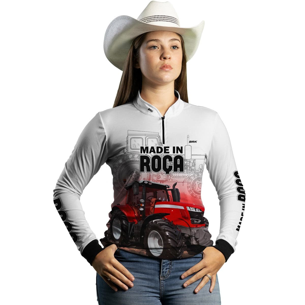 Camisa Agro Brk Made in Roça Branca Trator Vermelho com Proteção Solar UV50+ - Brk Agro
