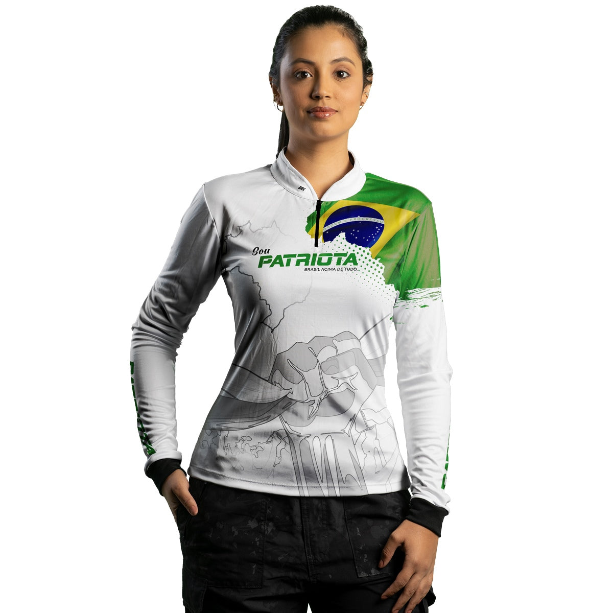 Camisa Agro Feminina Brk Básica Patriota Bandeira do Brasil Branca com Proteção UV50+ - Brk Agro