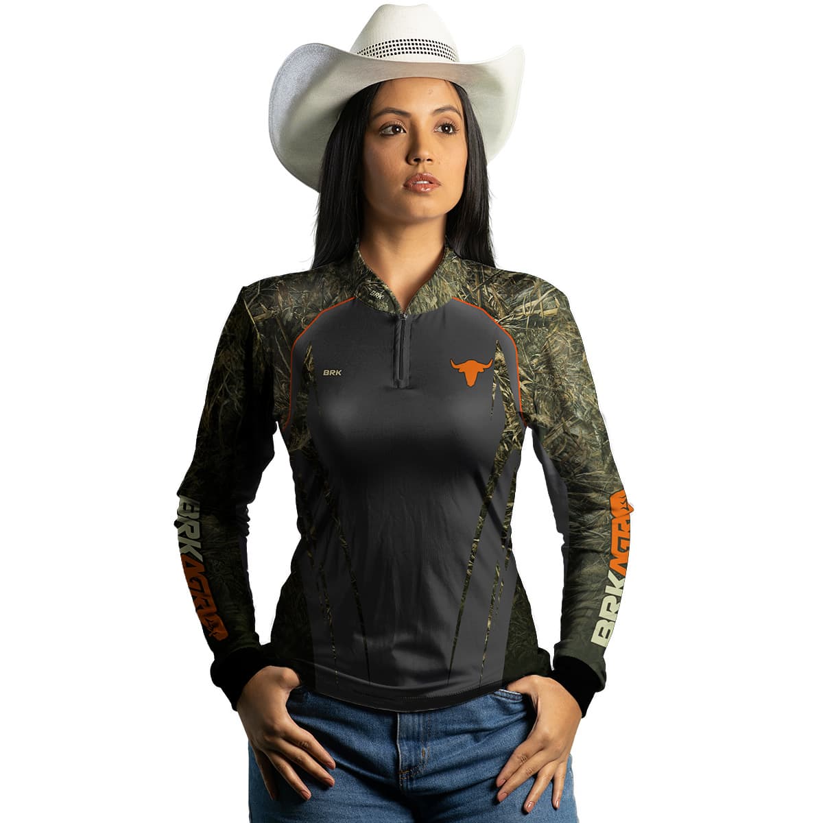 Camisa Feminina Agro Brk Camu Real Tree e Cinza Touro com Proteção Solar UV50+ - Brk Agro