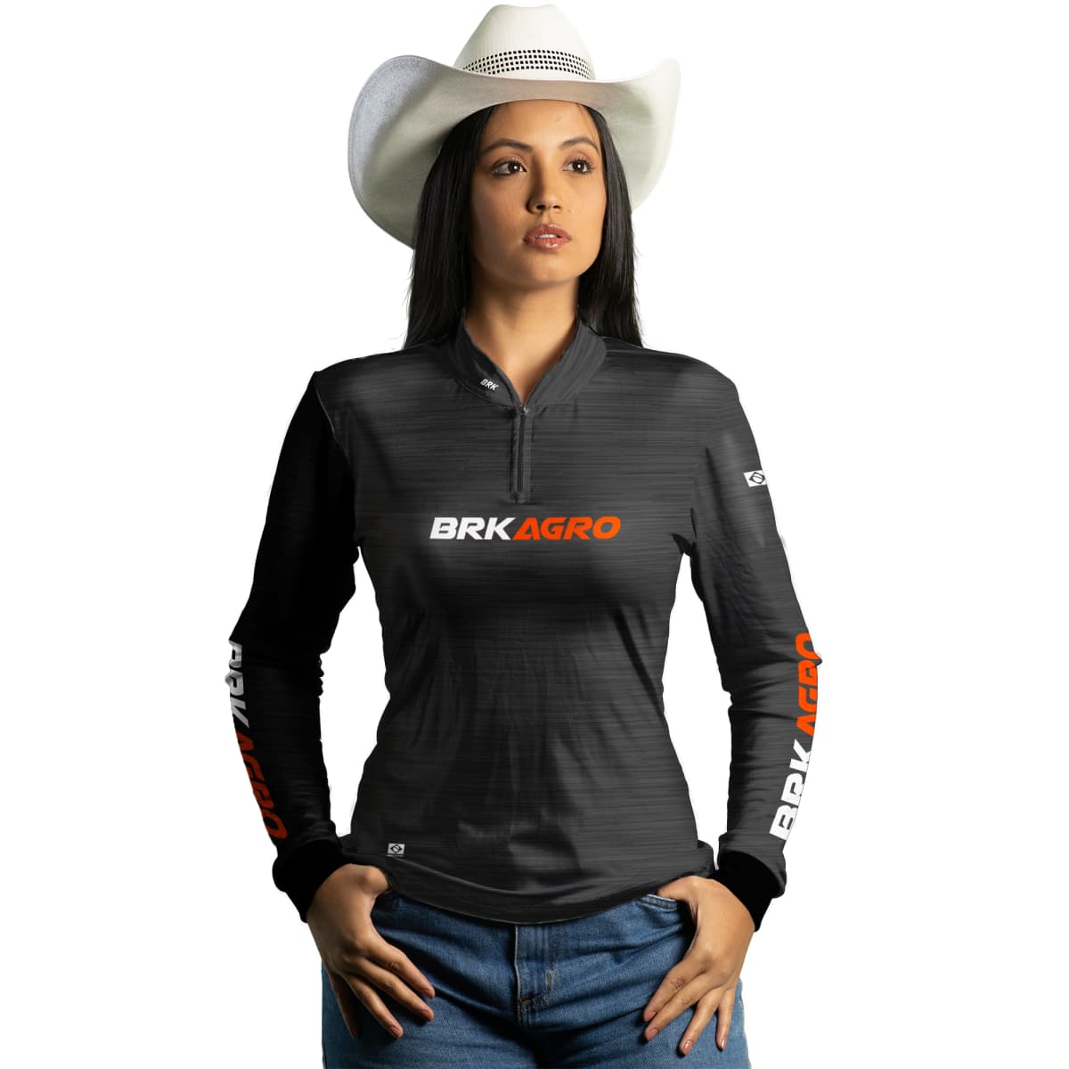 Camisa Feminina Agro Brk Mescla Preto Laranja com Proteção Solar UV50+ - Brk Agro