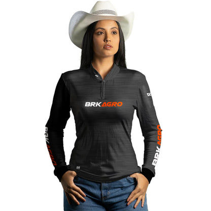Camisa Feminina Agro Brk Mescla Preto Laranja com Proteção Solar UV50+ - Brk Agro