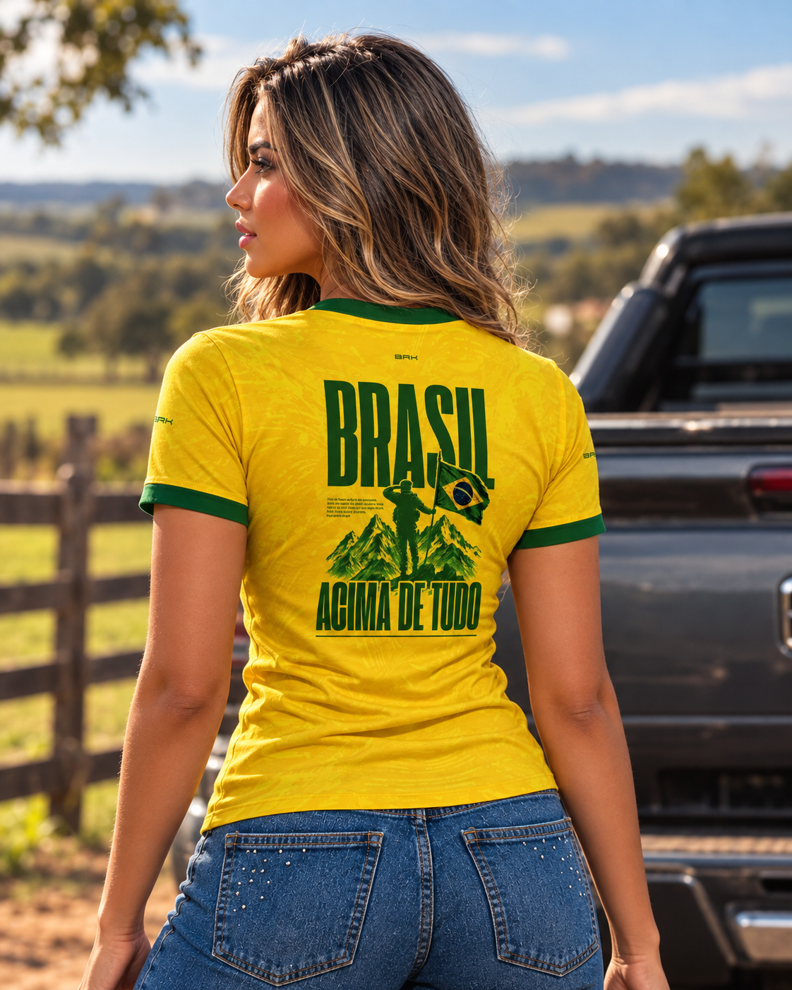 Camiseta Feminina Brasil Acima de Todos Amarelo e Verde com Proteção UV50