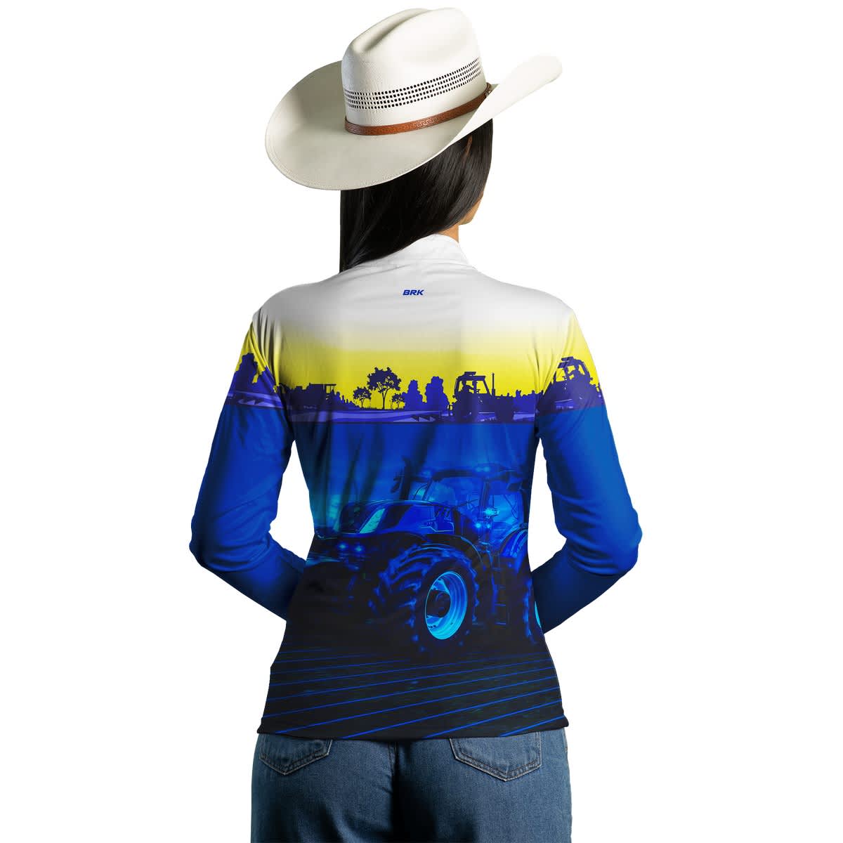 Camisa Branca e Azul Brk Agro New Holland Maquinário com Proteção Solar UV50+ - Brk Agro