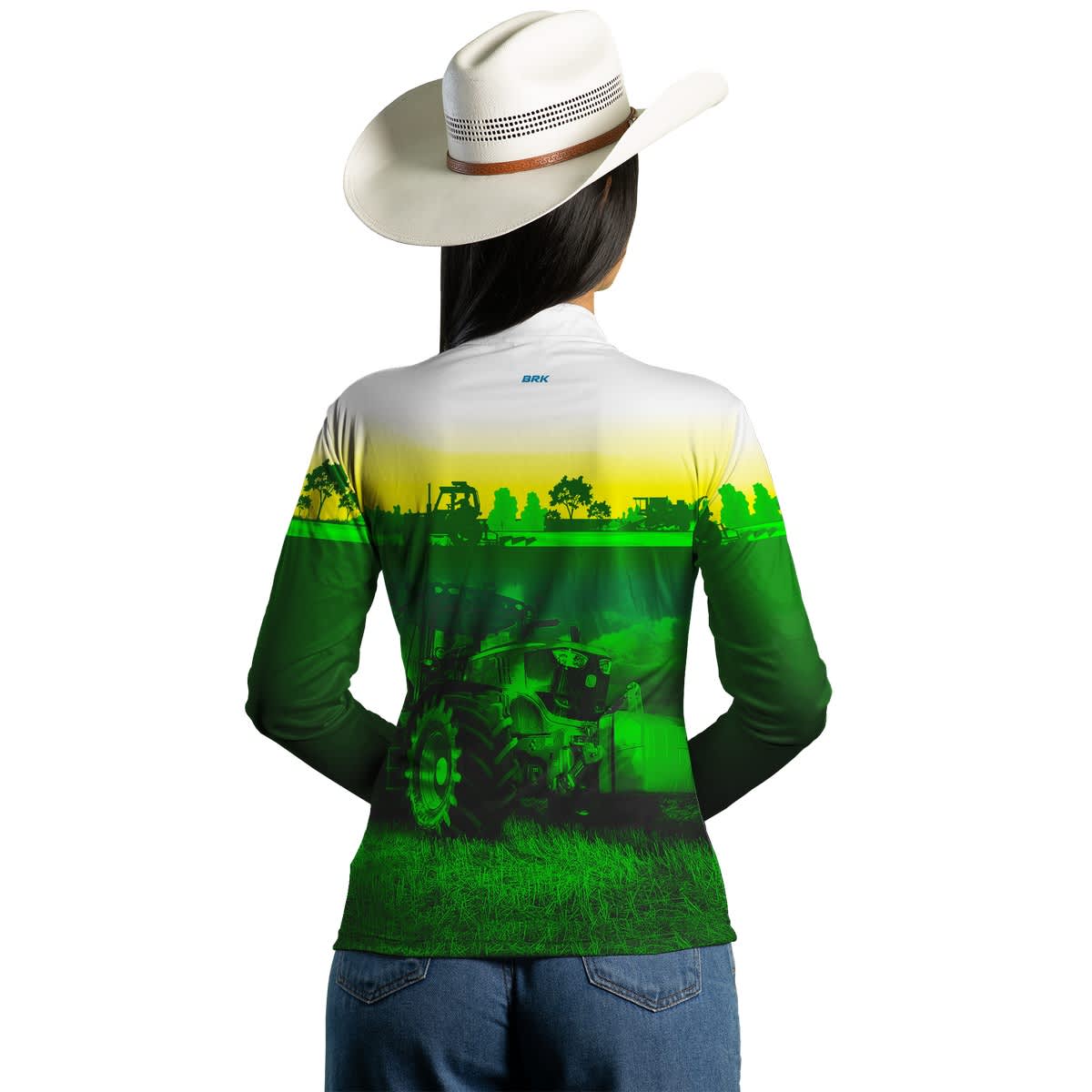 Camisa Branca com Verde Brk Agro John Deere Maquinário com Proteção Solar UV50+ - Brk Agro