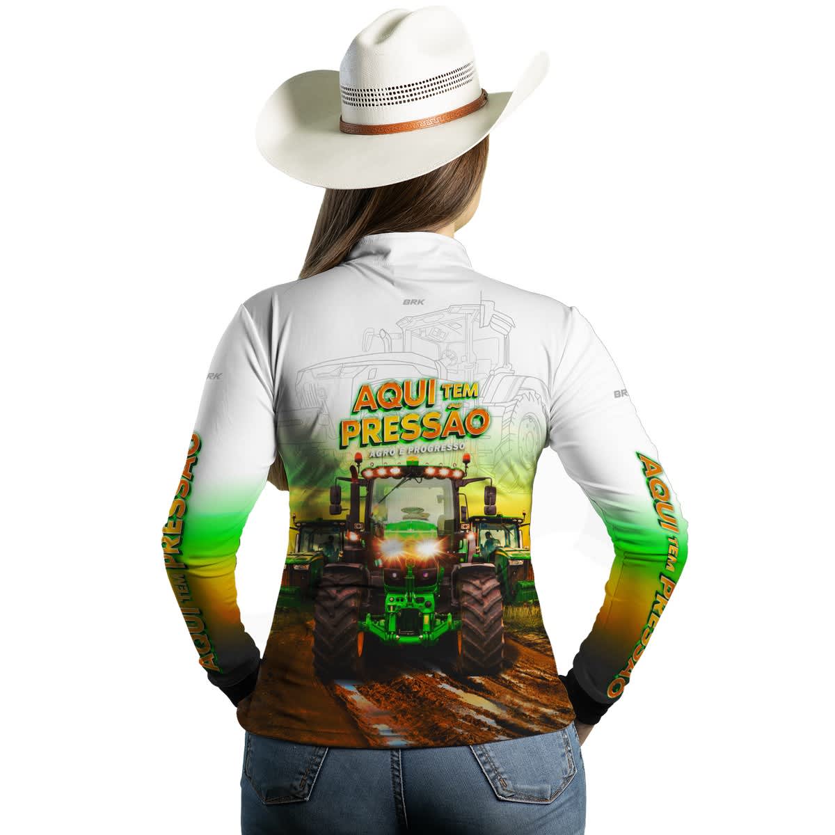 Camisa Agro Brk Trator Aqui Tem Pressão Branca com Proteção Solar UV50+ - Brk Agro