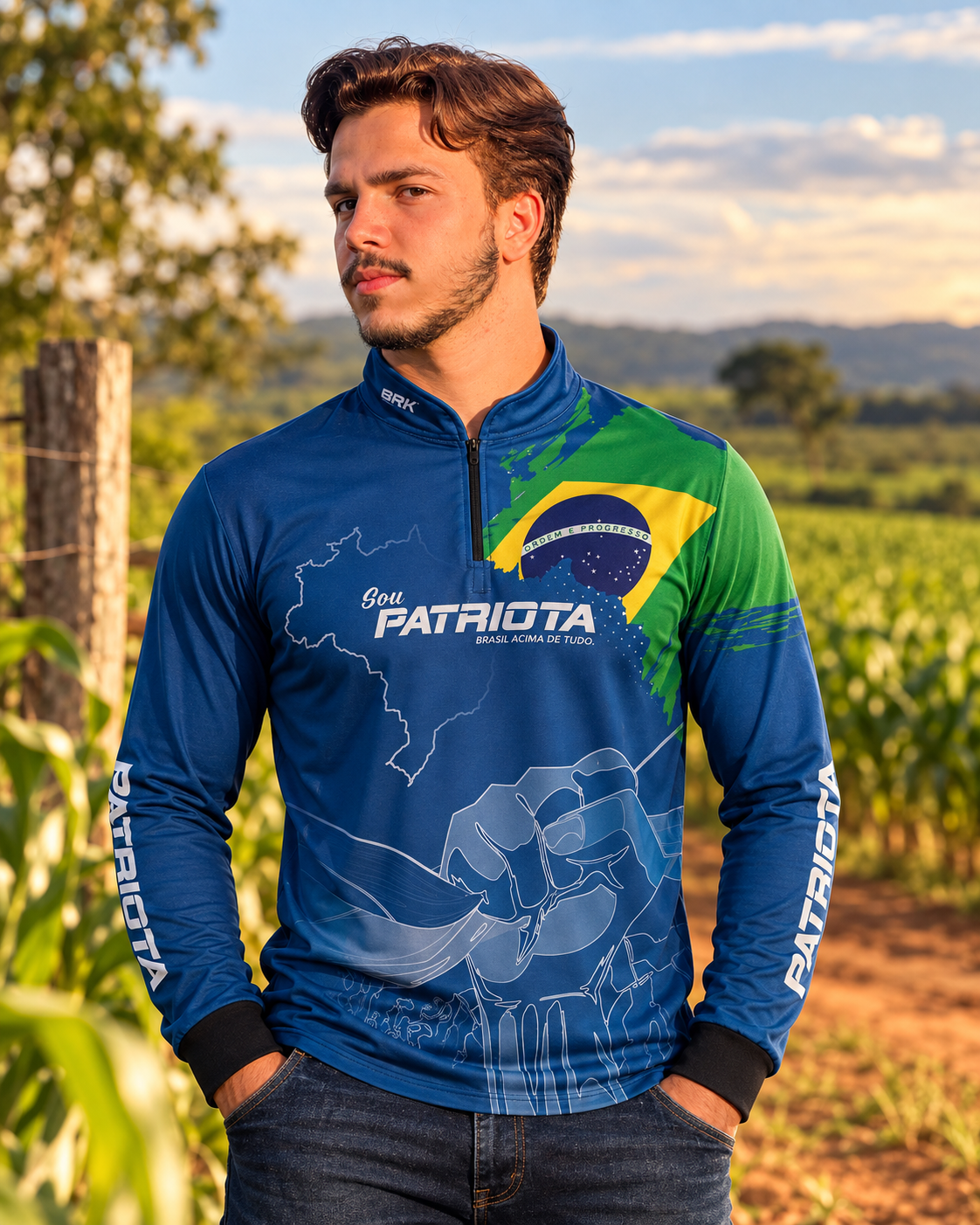 Camisa Azul Patriota Bandeira do Brasil com Proteção UV50