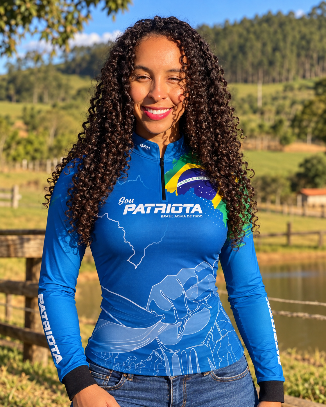 Camisa Feminina Azul Patriota Bandeira do Brasil com Proteção UV50