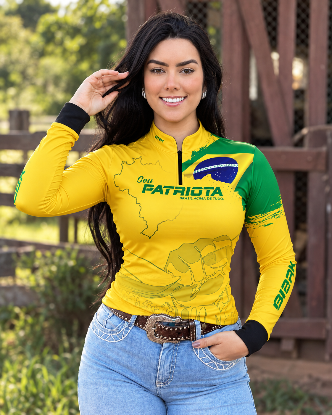 Camisa Feminina Amarela Patriota Bandeira do Brasil com Proteção UV50