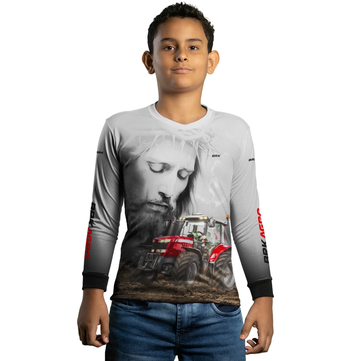 Camisa Agro Brk Branca Jesus Trator Vermelho com Proteção Solar UV50+ - Brk Agro