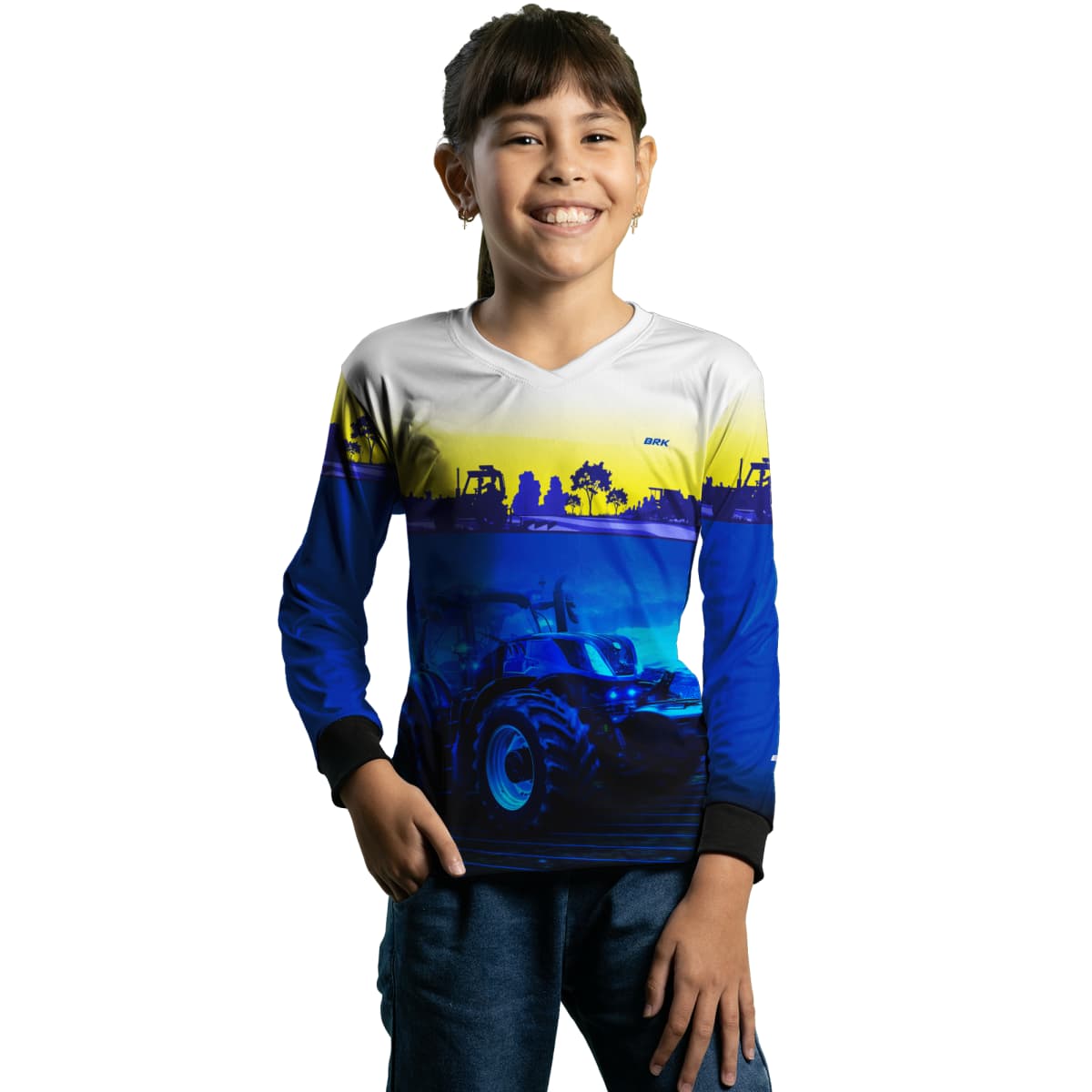 Camisa Branca e Azul Brk Agro New Holland Maquinário com Proteção Solar UV50+ - Brk Agro