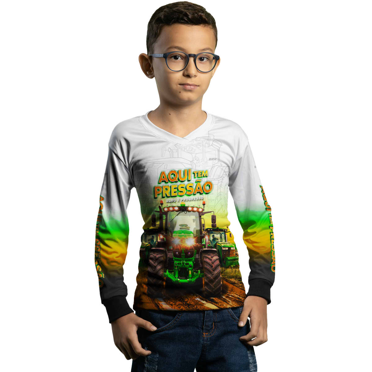 Camisa Agro Brk Trator Aqui Tem Pressão Branca com Proteção Solar UV50+ - Brk Agro