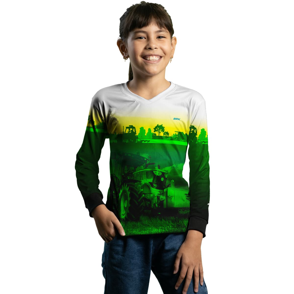 Camisa Branca com Verde Brk Agro John Deere Maquinário com Proteção Solar UV50+ - Brk Agro