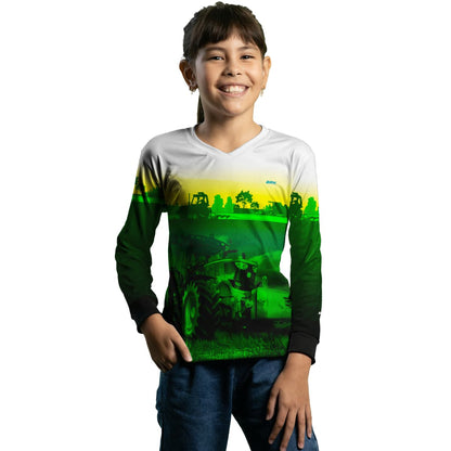 Camisa Branca com Verde Brk Agro John Deere Maquinário com Proteção Solar UV50+ - Brk Agro