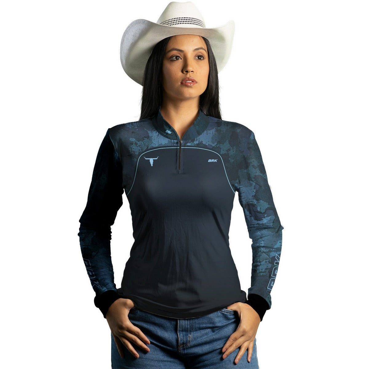 Camisa Agro Feminina Brk Camo Long Horn Brasil Azul com Proteção Solar UV50+ - Brk Agro