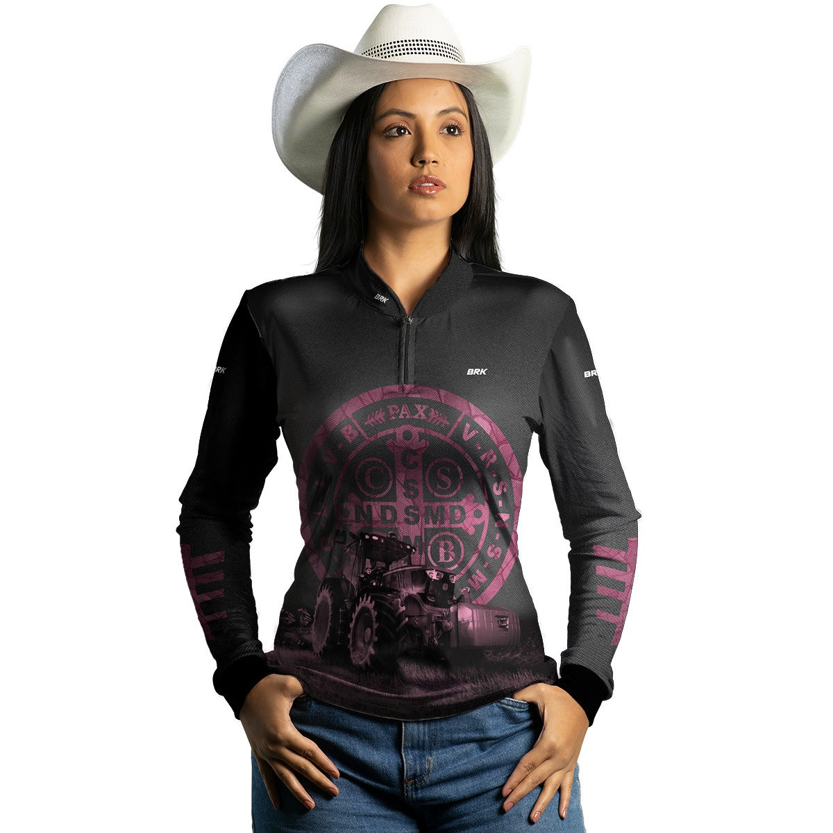 Camisa Agro Feminina Brk Medalhão de São Bento Preto e Rosa UV50+ - Brk Agro