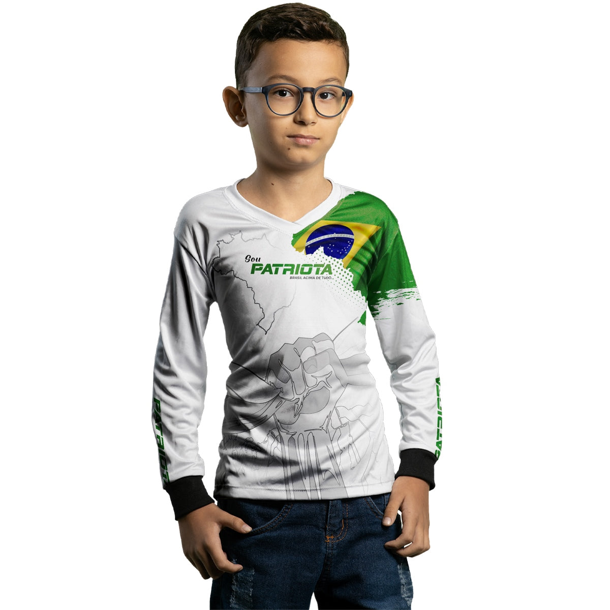 Camisa Agro Infantil Brk Básica Patriota Bandeira do Brasil Branca com Proteção UV50+ - Brk Agro