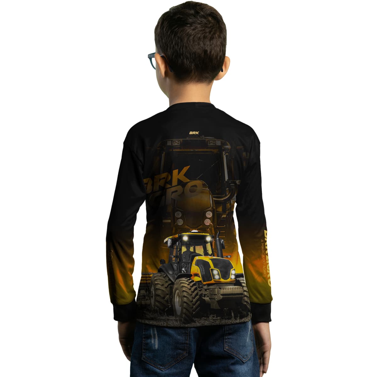Camisa Infantil Agro Brk Trator BM115 Preto e Amarelo com Proteção Solar UV50+ - Brk Agro