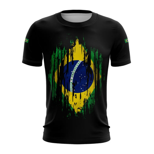 Camiseta Brasil Patriota Preta Bandeira Grunge com UV50+ Envio Imediato