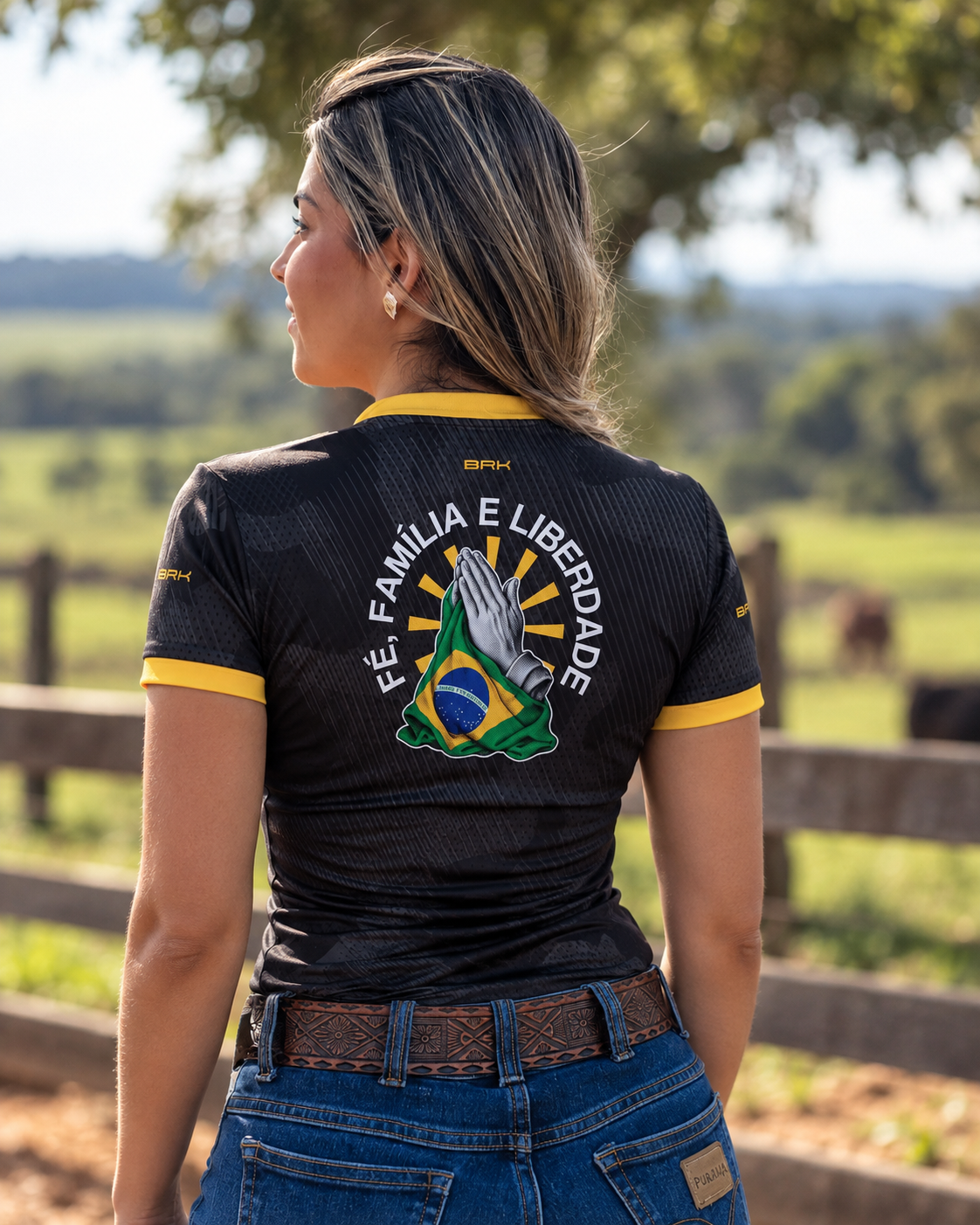 Camiseta Feminina Fé Família e Liberdade Preto com Proteção UV50