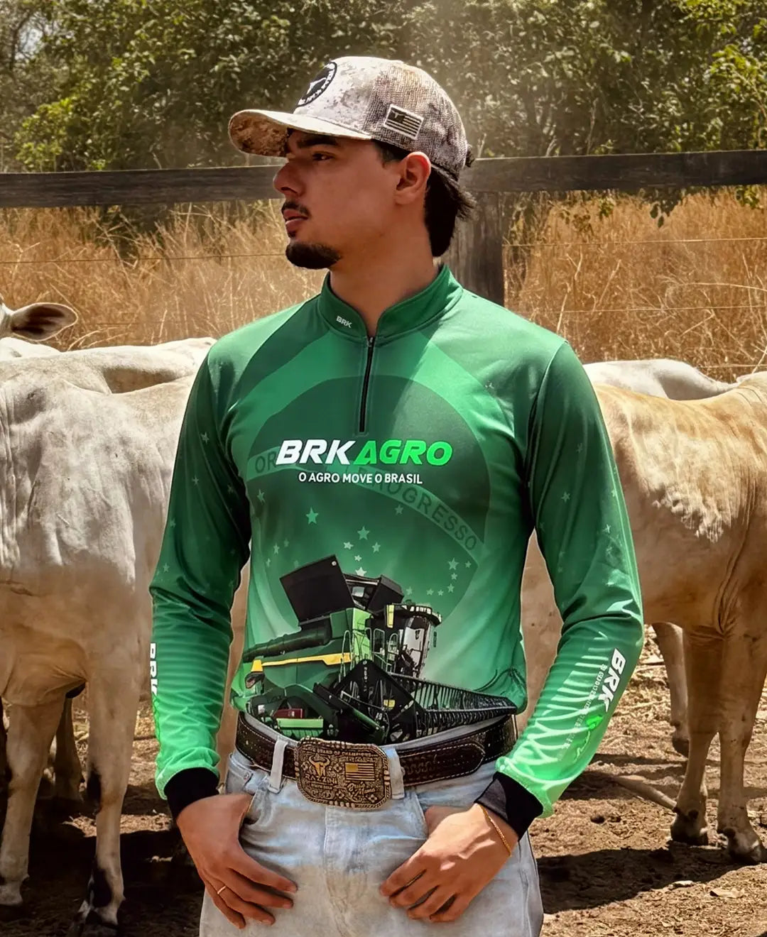 Camisa Agro Brk O Agro Move o Brasil Colheitadeira com Proteção Solar UV50+ - Brk Agro