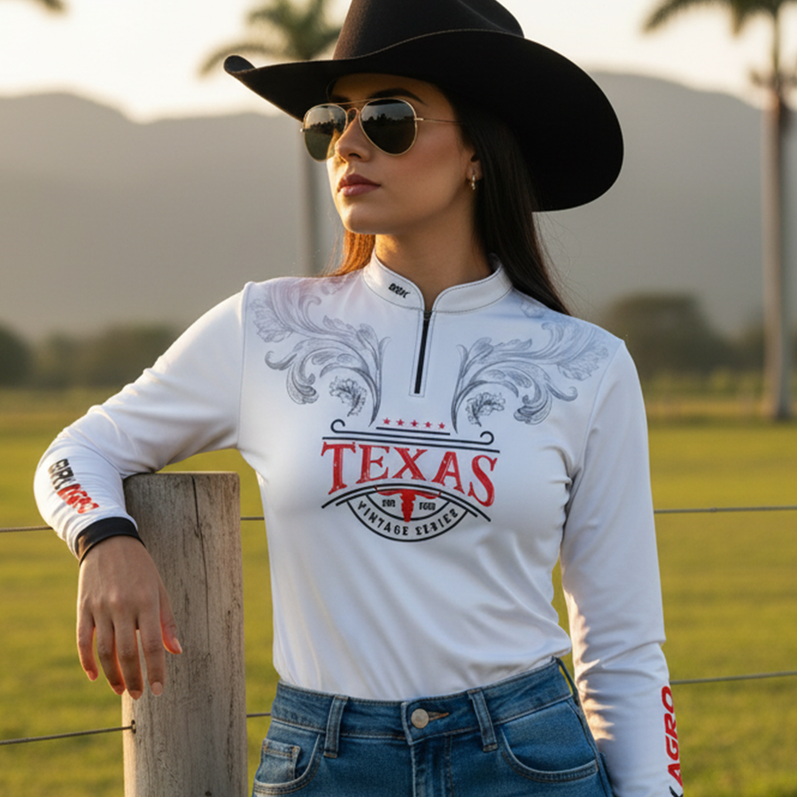 Camisa Agro Feminina Brk Texas Vintage Branca com Proteção com Proteção Solar UV50+ - Brk Agro