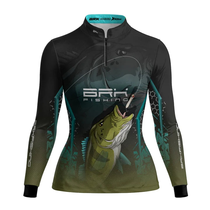 Camisa Feminina de Pesca Azul e Preta Brk Tucunaré Azul com UV50+