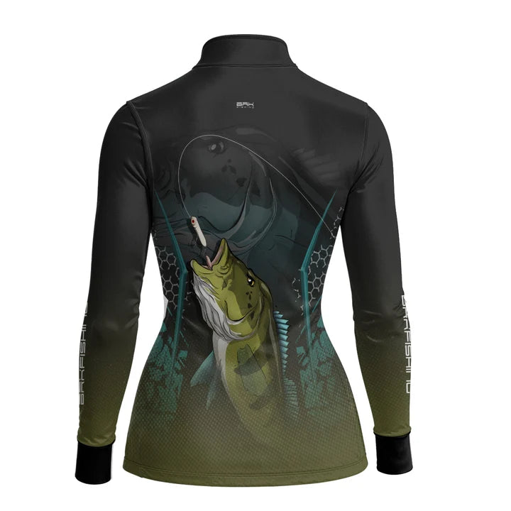 Camisa Feminina de Pesca Azul e Preta Brk Tucunaré Azul com UV50+