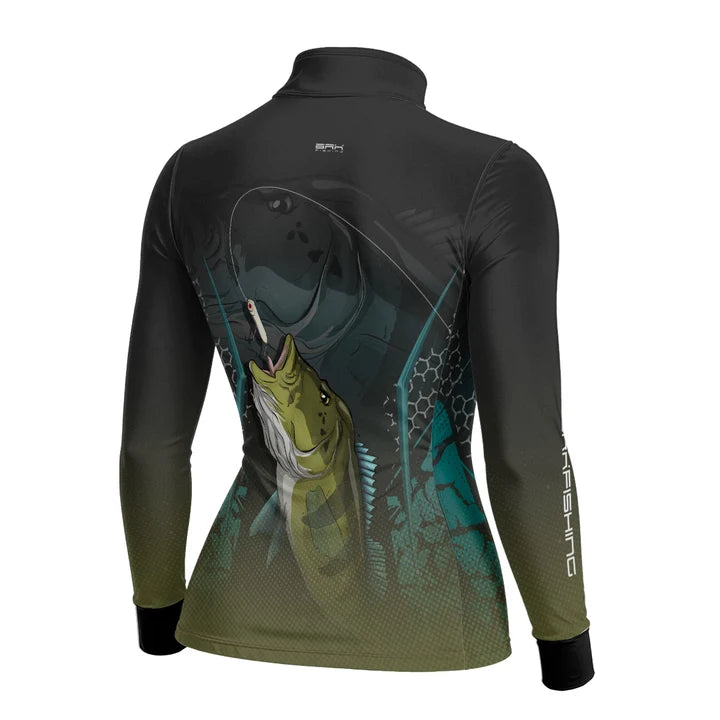 Camisa Feminina de Pesca Azul e Preta Brk Tucunaré Azul com UV50+