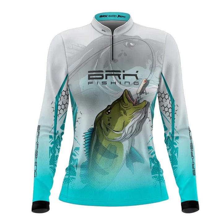 Camisa de Pesca Feminina Brk Tucunaré Branca e Azul com Proteção UV50