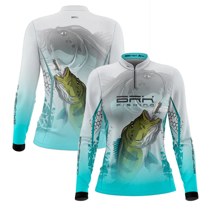 Camisa de Pesca Feminina Brk Tucunaré Branca e Azul com Proteção UV50