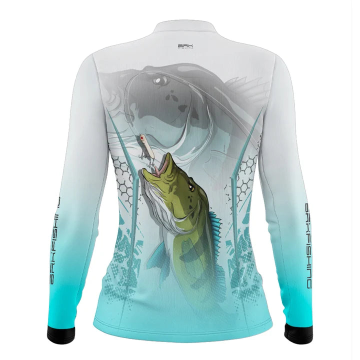 Camisa de Pesca Feminina Brk Tucunaré Branca e Azul com Proteção UV50