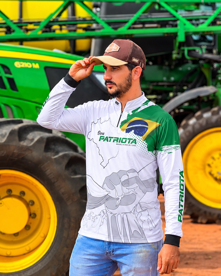 Camisa Básica Patriota Bandeira do Brasil Branca com Proteção UV50