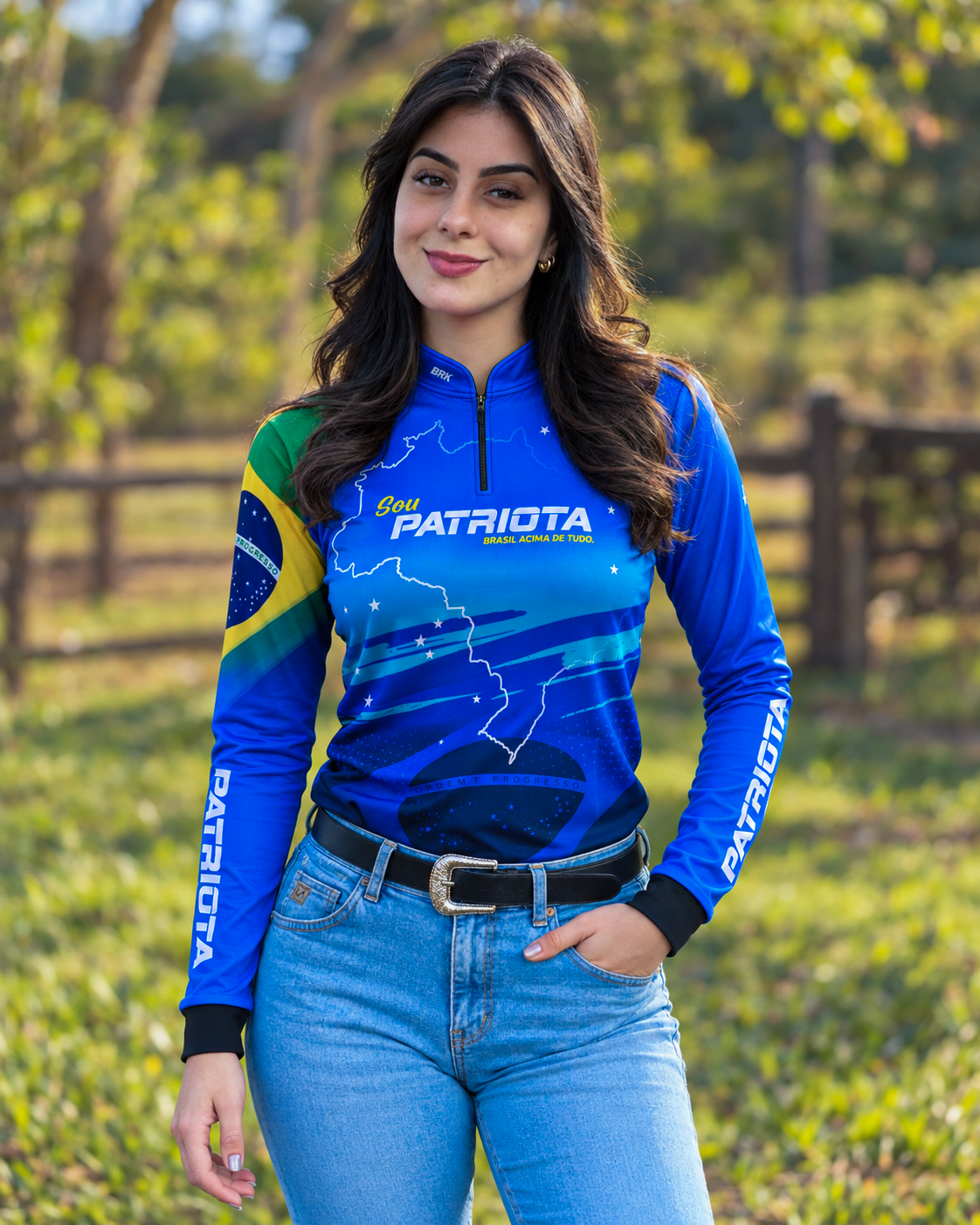 Camisa Agro Feminina Brk Básica Patriota Azul Bandeira do Brasil com Proteção UV50+