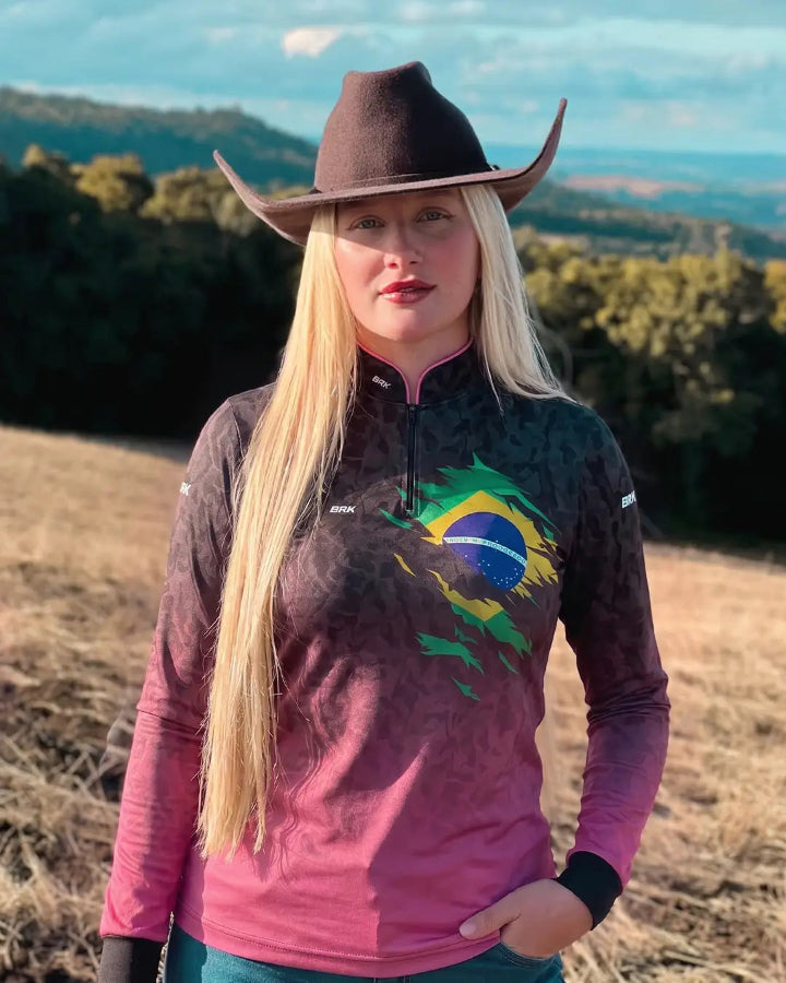 Camisa Feminina Agro Brk Camuflado Preto e Rosa Bandeira do Brasil com Proteção Solar UV50+ - Brk Agro