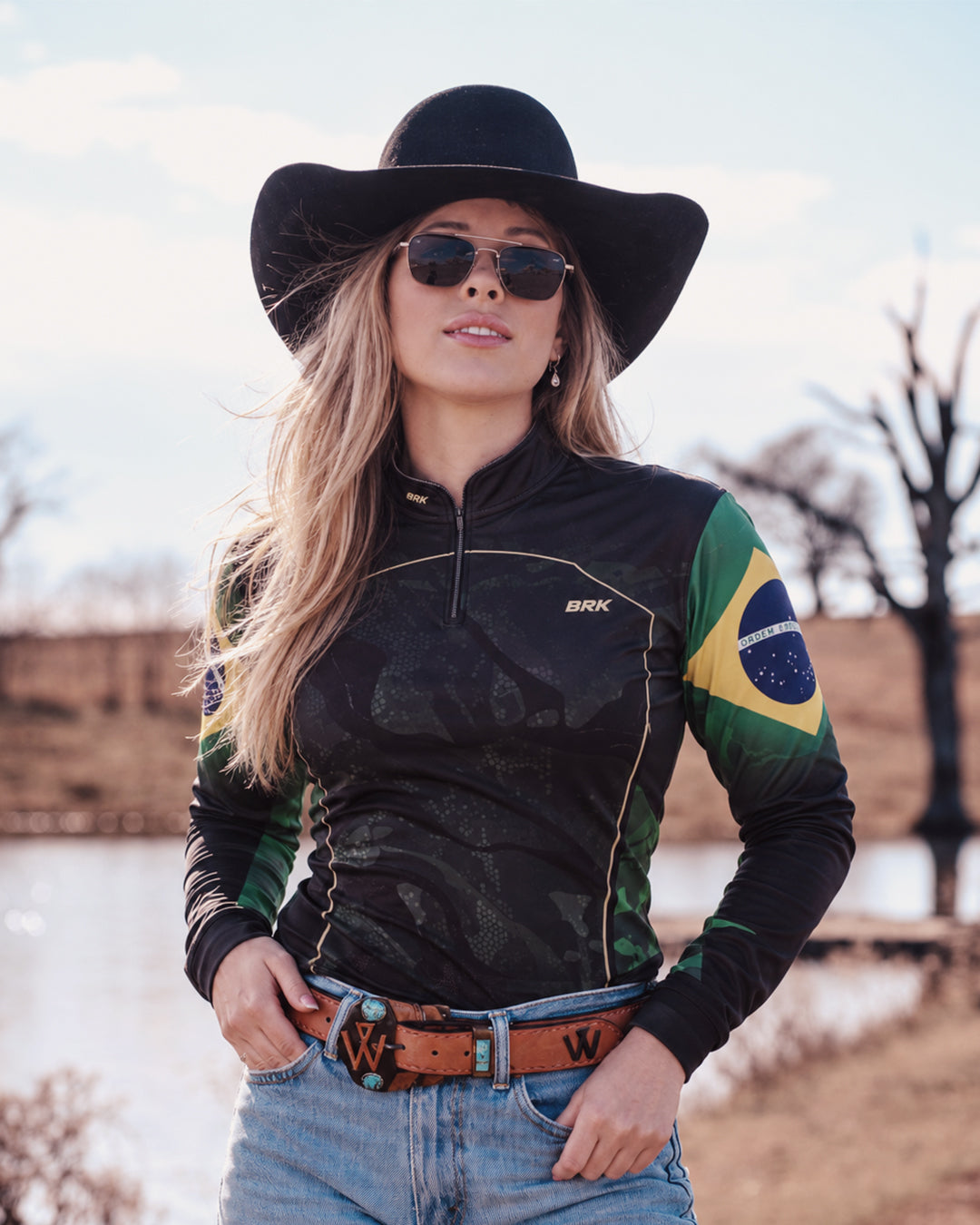 Camisa Agro Feminina Brk Feminina Camuflada Bandeira do Brasil com Proteção Solar UV50+