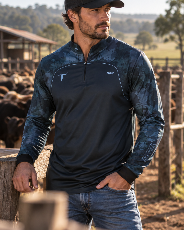 Camisa Agro Brk Camo Long Horn Brasil Azul com Proteção Solar UV50+