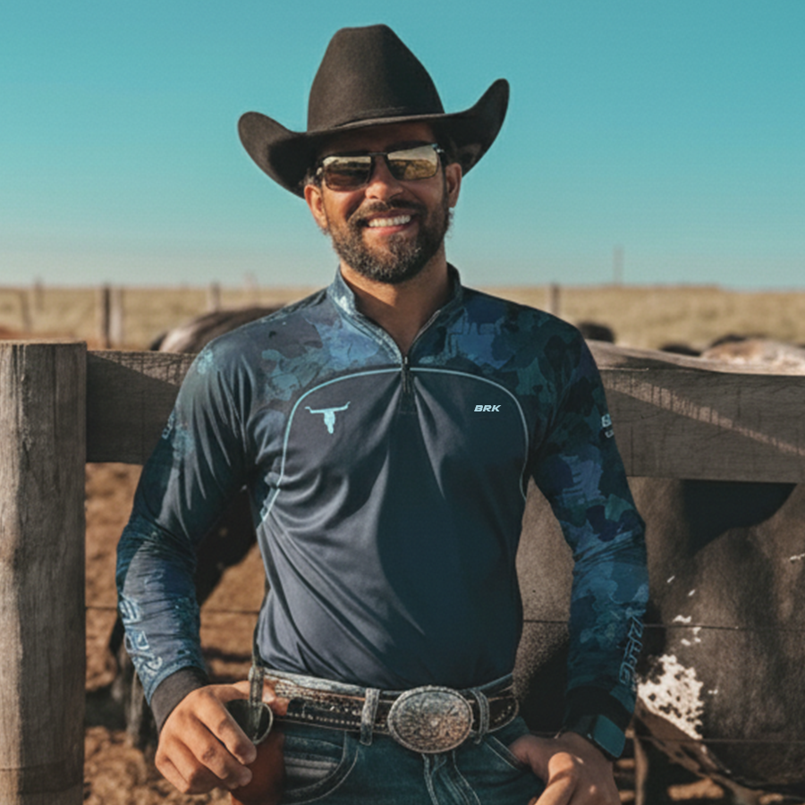 Camisa Agro Brk Camo Long Horn Brasil Azul com Proteção Solar UV50+ - Brk Agro