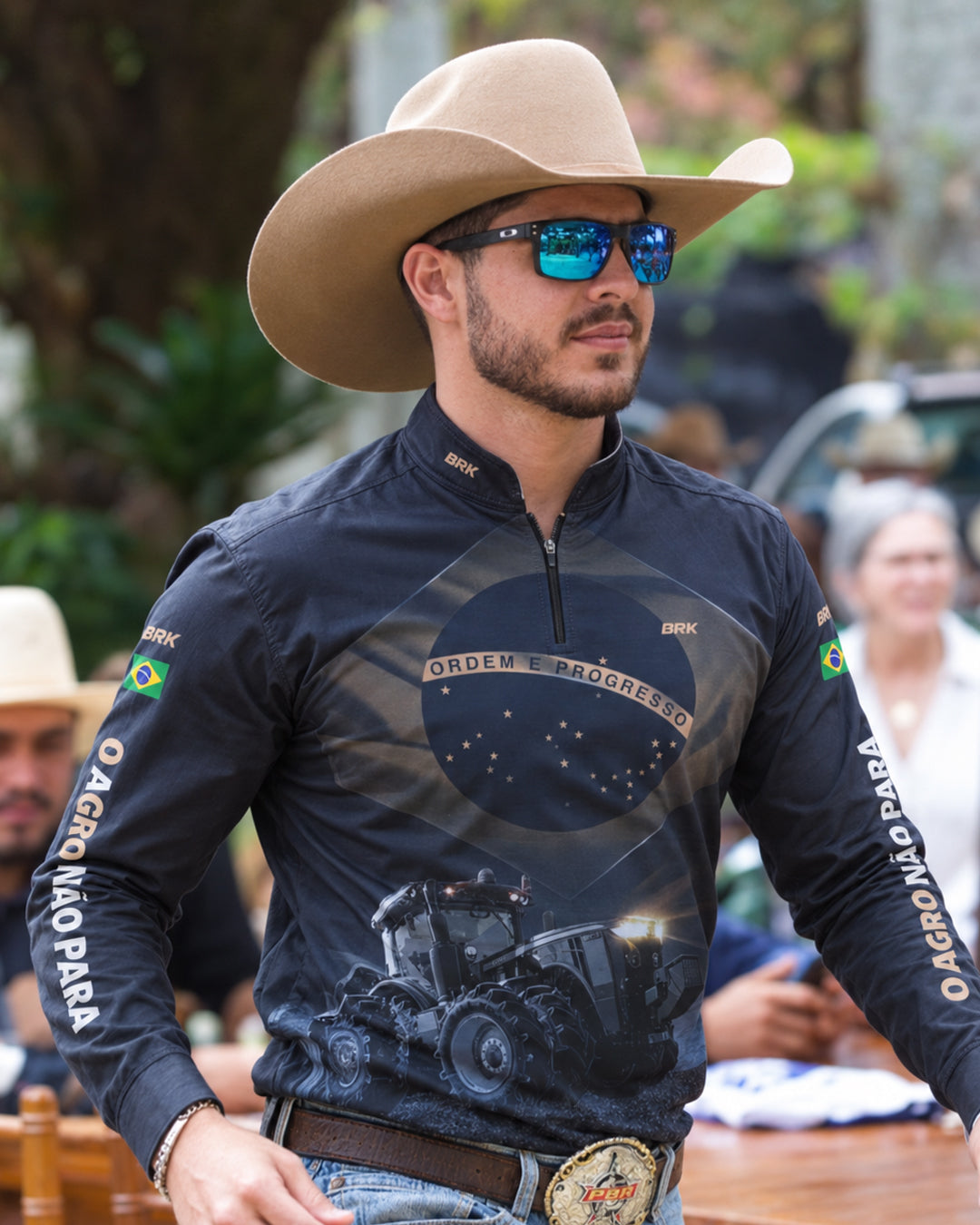 Camisa Agro Brk Azul Trator Bandeira do Brasil com Proteção Solar UV50+