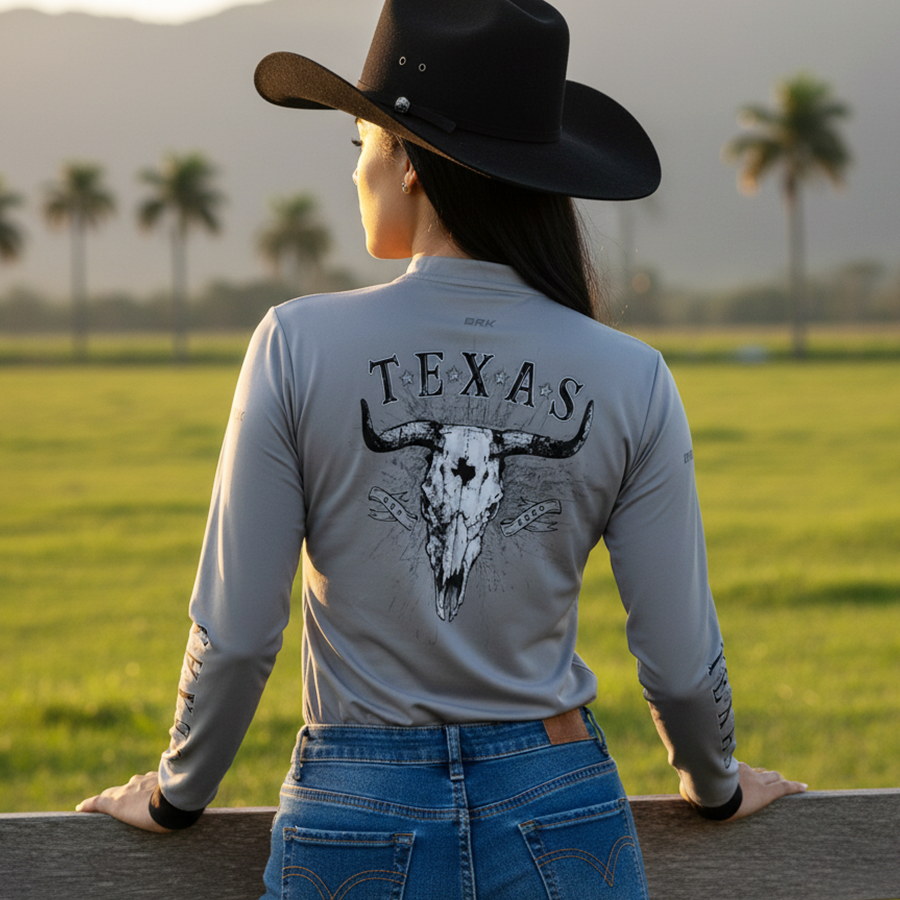 Camisa Agro Feminina Brk Clean Cinza Texas Long Horn com Proteção UV50+ - Brk Agro