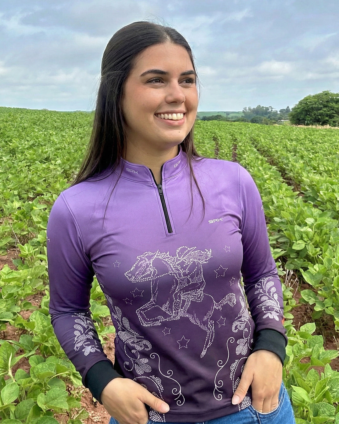 Camisa Agro Feminina BRK Amazona Floral Strass Degradê Roxo com Proteção Solar UV50+ - Brk Agro