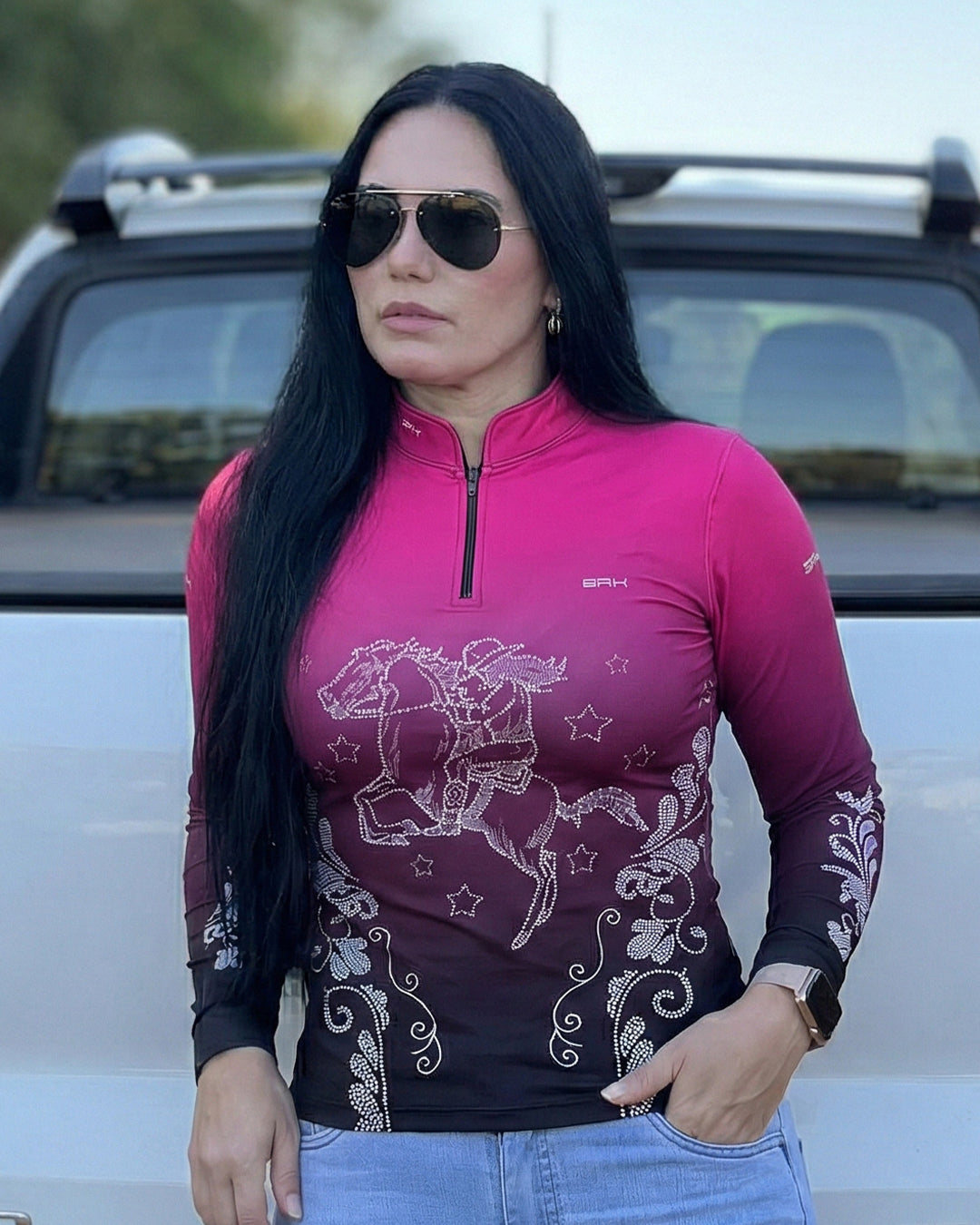 Camisa Agro Feminina BRK Amazona Floral Strass Degradê Rosa com Proteção Solar UV50+ - Brk Agro