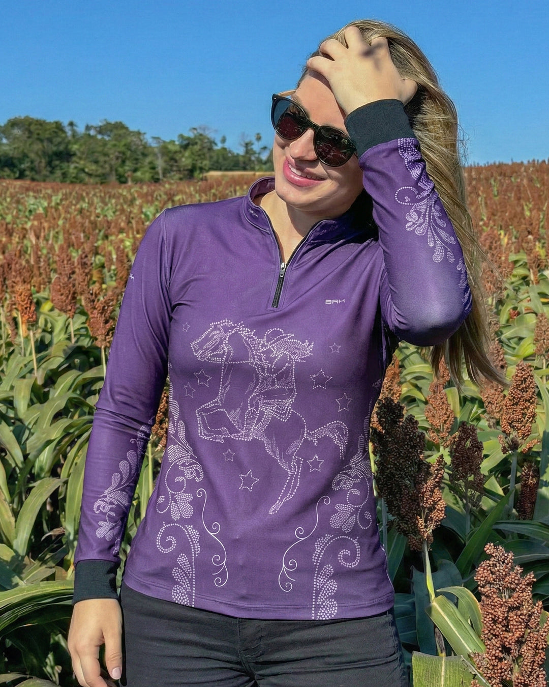 Camisa Agro Feminina BRK Amazona Floral Strass Roxo com Proteção Solar UV50+ - Brk Agro