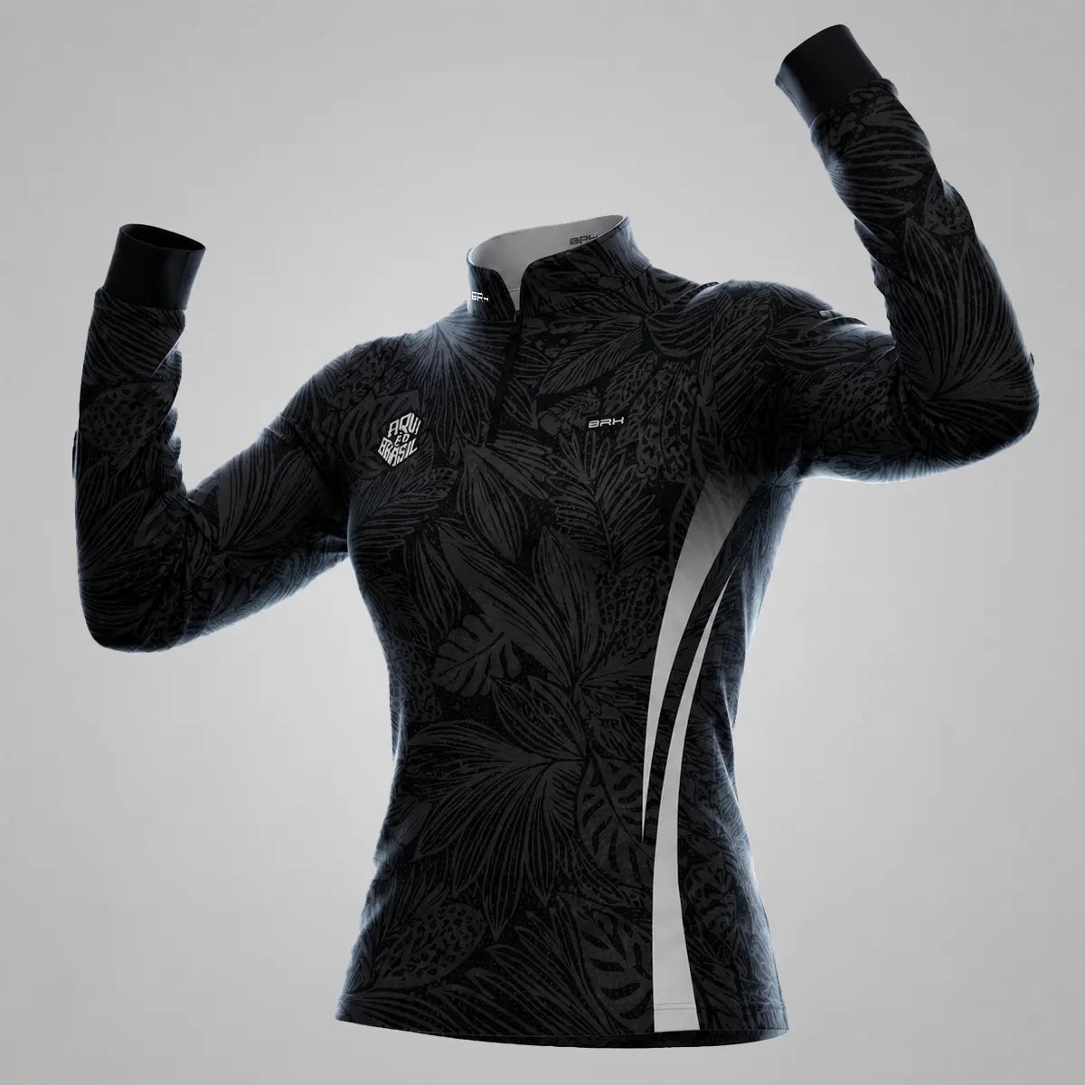 Camisa Brk Feminina Aqui é o Brasil Folhagem Tropical Preta com Proteção UV50 - Brk Agro