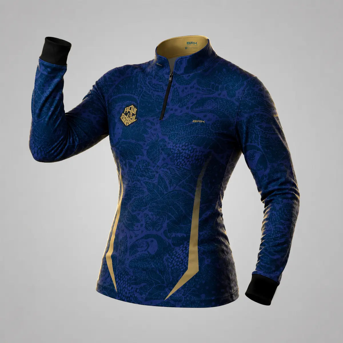 Camisa Brk Feminina Aqui é o Brasil Folhagem Sutil Azul Royal com Proteção UV50 - Brk Agro