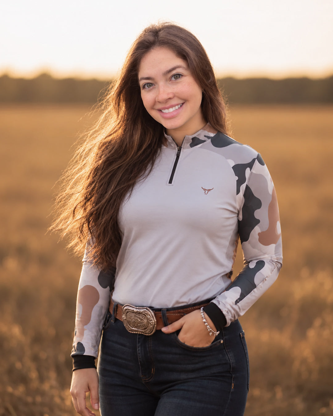 Camisa Feminina Camuflado Cow Print Cinza com Proteção UV50