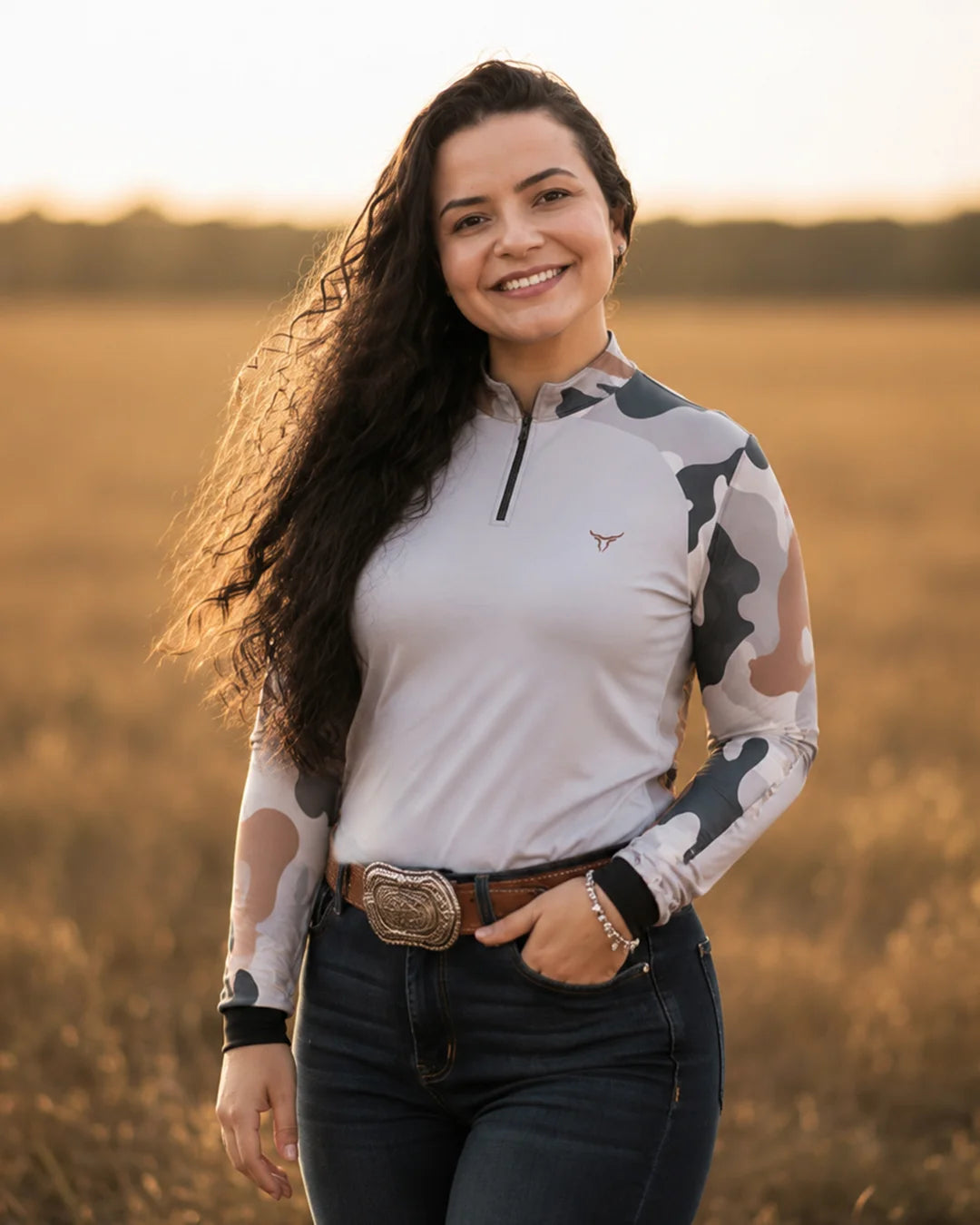Camisa Feminina Camuflado Cow Print Cinza com Proteção UV50 - Brk Agro