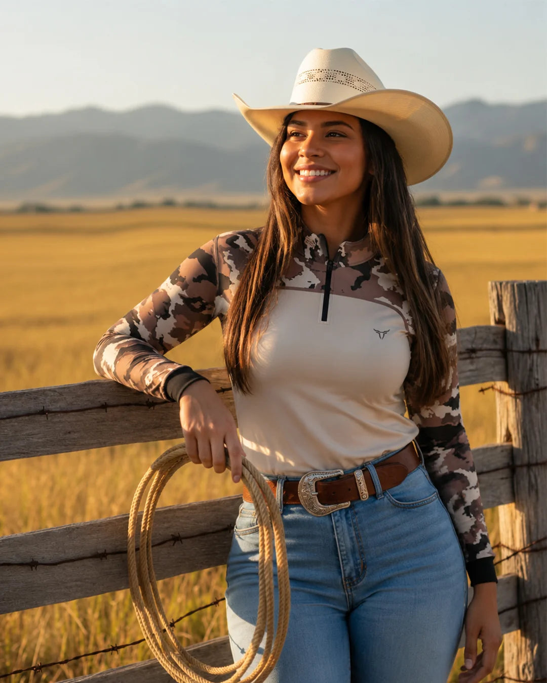 Camisa Feminina Camuflado Cow Print Creme com Proteção UV50 - Brk Agro