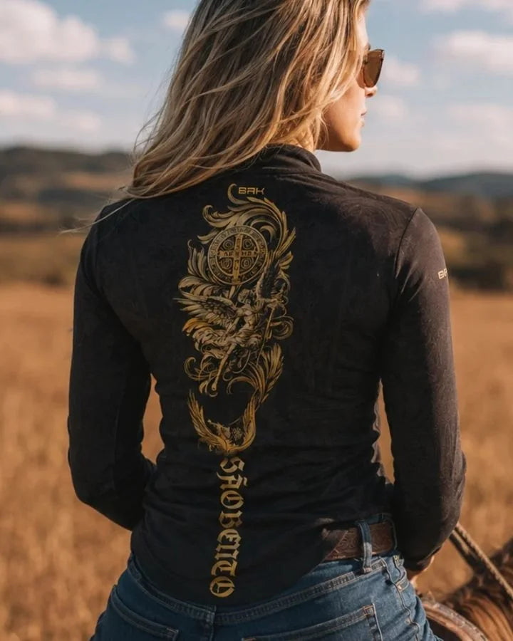 Camisa Agro Feminina Brk São Bento Preta Anjos com Proteção UV50+