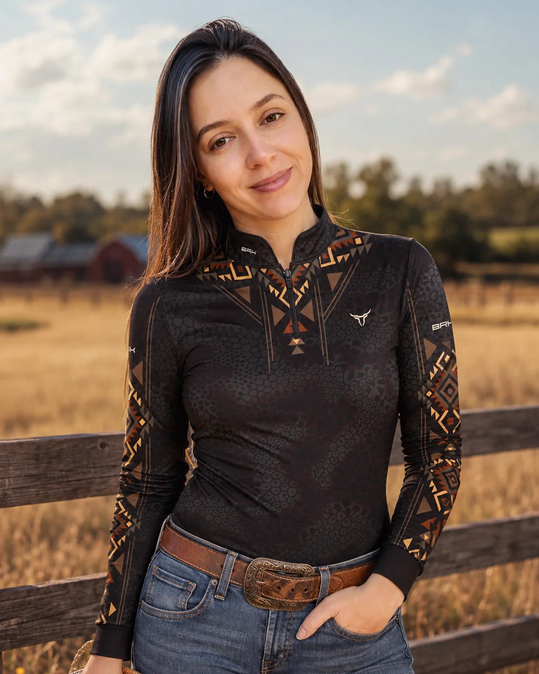 Camisa Feminina Preta Longhorn Apache com UV50 - Brk Agro